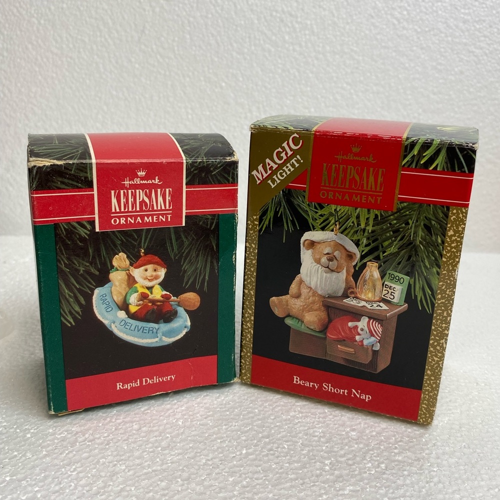 2 Hallmark Keepsake Ornament 1990 Magic Light Bear Short Nap 1992 Rapid Delivery